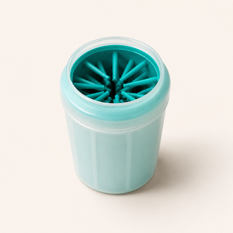 Limpiador de Patas Calmora en color verde, vaso de polipropileno con cerdas de silicona en el interior